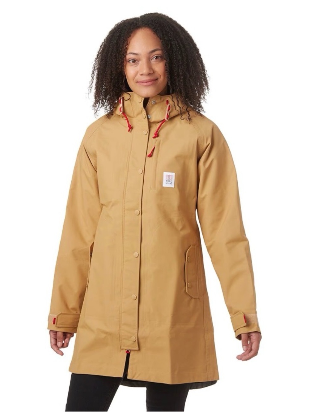 Topo Designs Tan Hooded Raincoat with Red Accents, NWOT, Small